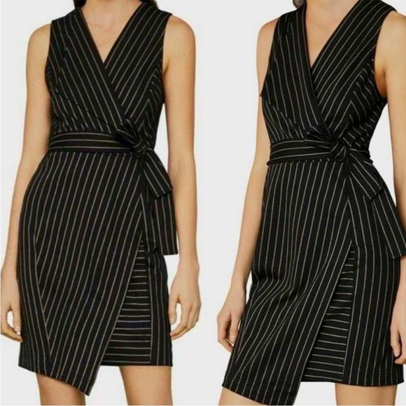 BCBGMAXAZRIA Professional Black Pinstripe Faux-Wrap Asymmetrical Belted Dress XS - Picture 2 of 13